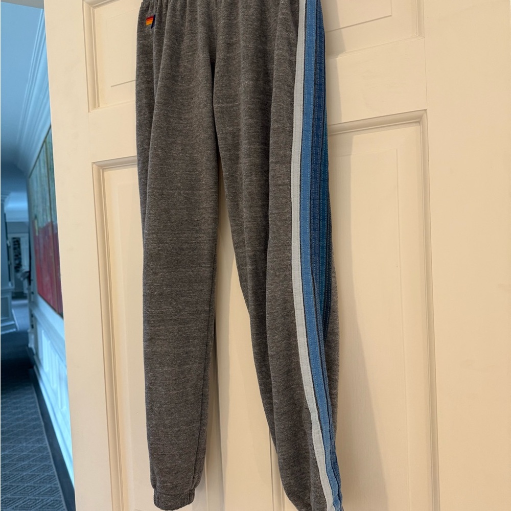 Aviator Nation Gray Sweatpants with 5 Blue Stripes